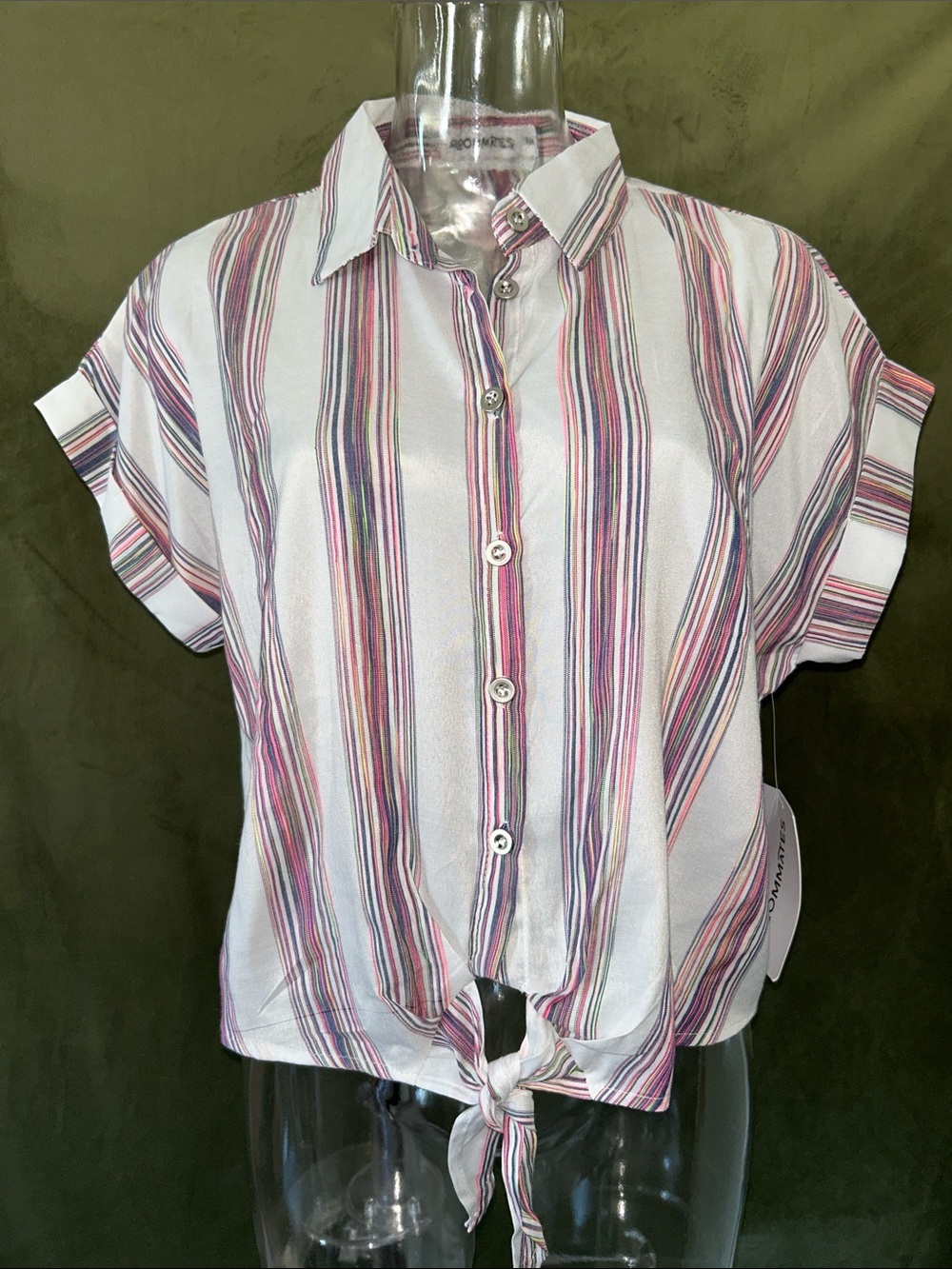 Roommates White Button-Front Tie Hem Shirt with Purple & Blue Stripes
